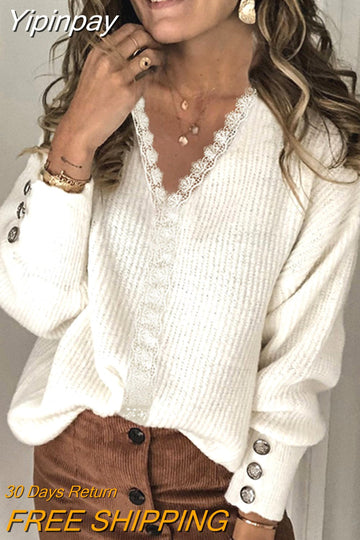 Yipinpay autumn and winter new lace V-neck coat head sweater ladies loose long sleeve solid color sweater pullover tops